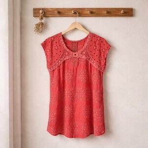 Johnny Was Coral Pink Eyelet Embroidered Crochet Lace Boho Top Small Cupra Rayon
